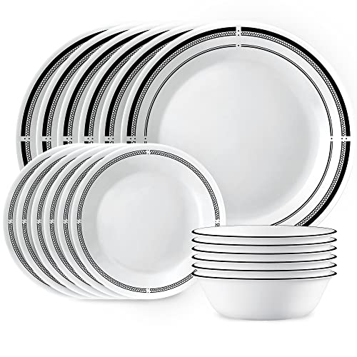 Corelle 18-Piece Round Dinnerware Set Service for 6, Lightweight Round Plates and Bowls Set, Vitrelle Triple Layer Glass, Chip and Scratch Resistant, Microwave and Dishwasher Safe, Brasserie