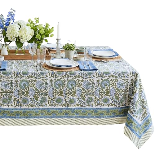 ATOSII Clover Blue 100% Cotton Rectangle Fall Tablecloth, Handblock Floral Linen Table Cloth for Kitchen Dining Table I Parties Wedding Christmas Thanksgiving I Fall Home Decor 60 X 108 Inches