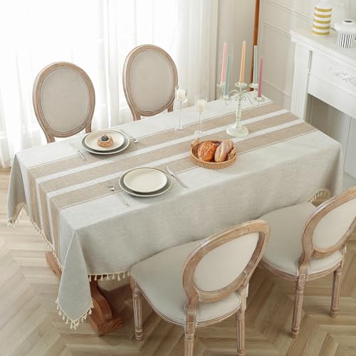 Laolitou Cotton Linen Waterproof Tablecloth for Dining Table Rustic Farmhouse Kitchen Rectangle Table Cloth Coffee Tables Cover, Coffee Lines, 55x102 Inch