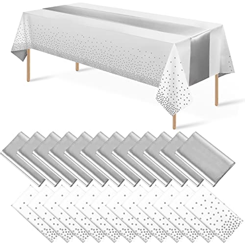 MASHAN 24Pack Disposable Plastic Tablecloths and Satin Table Runner Set White and Silver Dot Tablecloth Silver Satin Table Runner for Wedding Birthday Baby Shower Christmas New Year Party Decorations