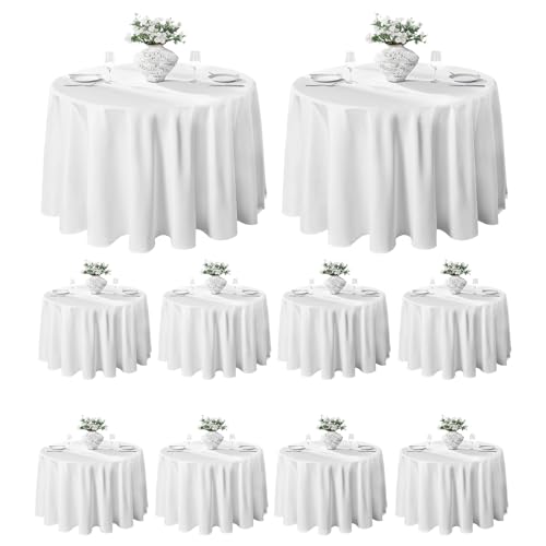 VidaFete 10 Pack 90inch Round Tablecloth Polyester Table Cloth,Stain Resistant and Wrinkle Polyester Dining Table Cover for Kitchen Dinning Party Wedding Rectangular Tabletop Buffet Decoration(White)