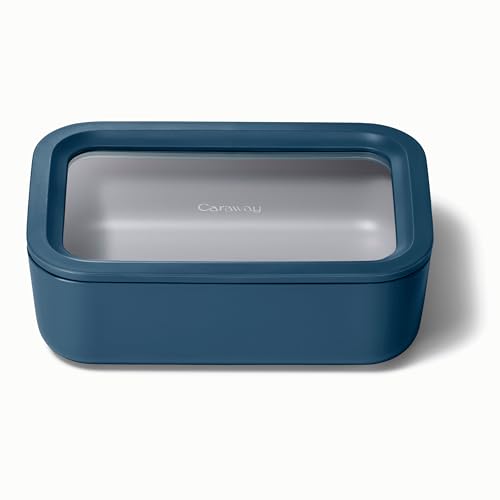 Caraway Glass Food Storage - 6.6 Cup Glass Container - Ceramic Coated Food Container - Non Toxic, Non Stick Lunch Box Container with Lids - Dishwasher, Oven, & Microwave Safe - Navy