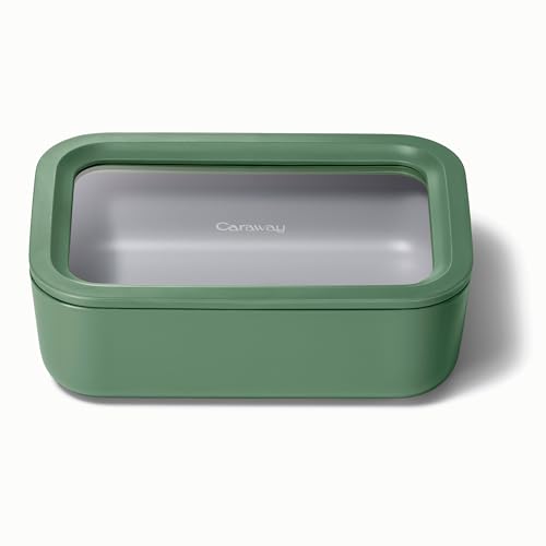 Caraway Glass Food Storage - 6.6 Cup Glass Container - Ceramic Coated Food Container - Non Toxic, Non Stick Lunch Box Container with Lids - Dishwasher, Oven, & Microwave Safe - Sage