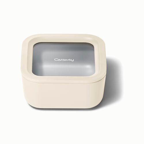 Caraway Glass Food Storage - 4.4 Cup Glass Container - Ceramic Coated Food Container - Non Toxic, Non Stick Lunch Box Container with Lids. Dishwasher, Oven, & Microwave Safe - Cream