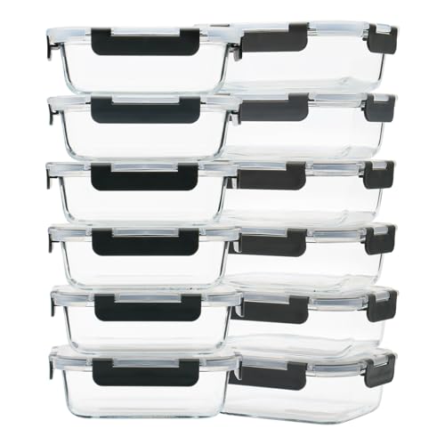 12 Pack 22oz Glass Meal Prep Containers, Food Storage Containers with Lids, Air-Tight, Leak-Resistant, Freezer to Microwave Safe - Grey Set