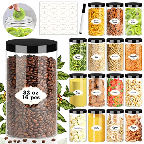 Plastic Jars with Lids, 16 Pcs 32 OZ Large Plastic Storage Jars with Black Leakproof Lids Cylinder Plastic Storage Container Jar Reusable Clear Empty Jars for Home and Kitchen Organizing