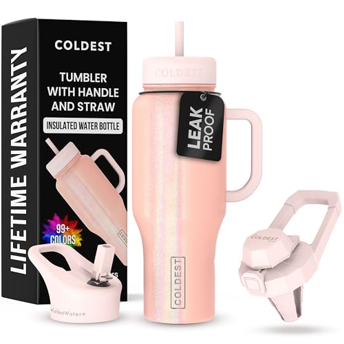 Coldest Tumbler with Handle and Straw - 100% Spill Proof Tumbler with Straw (3 Lids) - Stainless Steel Insulated Leakproof Tumblers for Women & Men - 36 oz (Forever Pink Glitter)