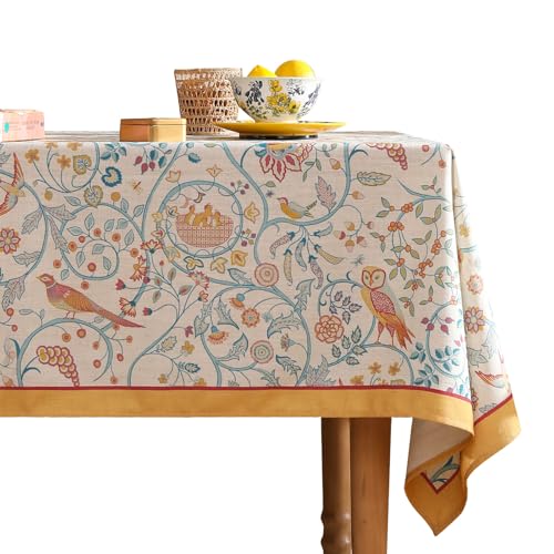 patdrea Designer French Tablecloth for Rectangle Table,Floral Birds Pattern Linen Table Cloth,Fall Yellow Decorative Cover for Kitchen Dining Banquet,Christmas,Thanksgiving,55"x87"-Magnolia