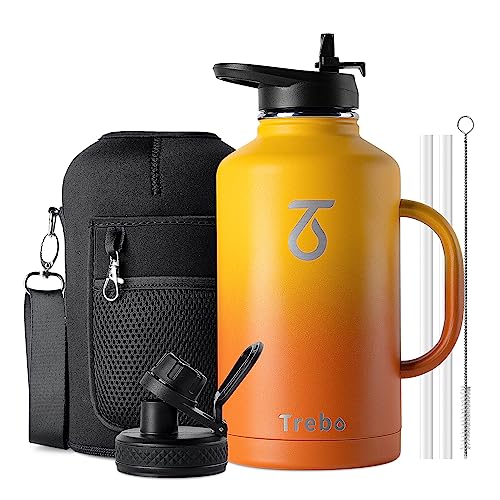 Trebo Half Gallon Water Bottle Insulated with Handle, 64 oz Double Wall Stainless Steel Metal Large Jug, Travel Flask with Straw Spout Lid, Mug Tumbler Cup with Carry Pouch, Keep Cold Hot, Orange