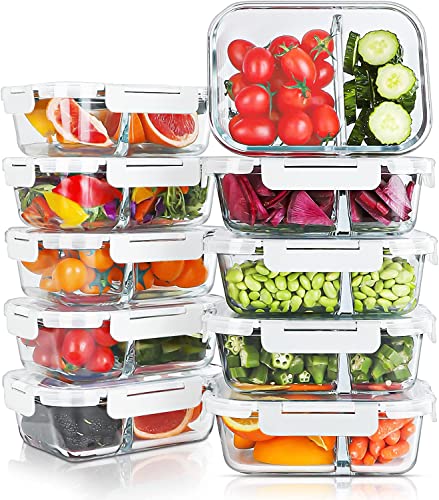 KOMUEE 10 Packs 30oz Glass Meal Prep Containers 2 Compartments,Glass Food Storage Containers with Lids,Airtight Lunch Bento Boxes,Oven,Freezer and Dishwasher Safe, White
