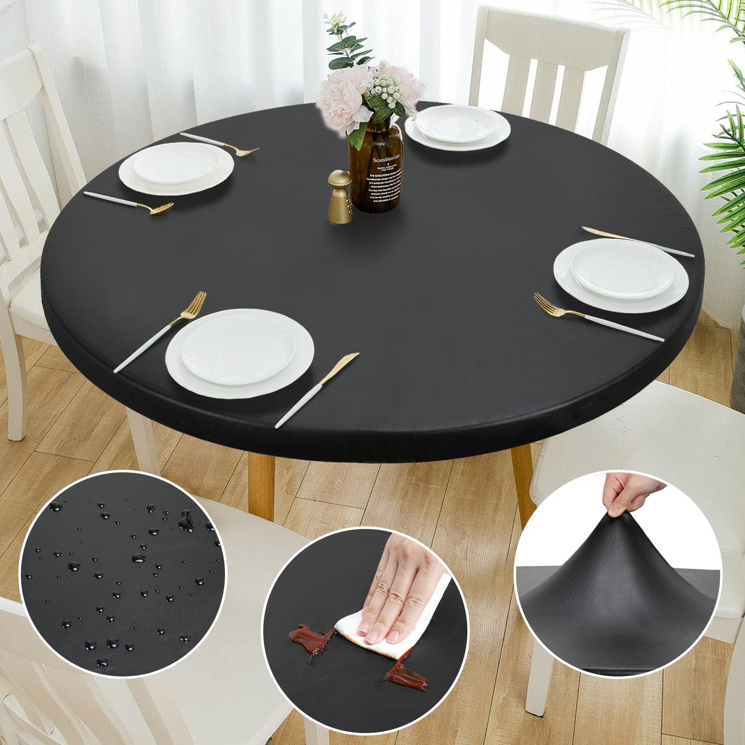 Double Design PU Round Tablecloth, Anti-Tear Wipeable Elastic Round Tablecloth, Soft-Touch Fitted Table Cloth, Waterproof Oil-Proof Table Cover (Black, 57''-60'')