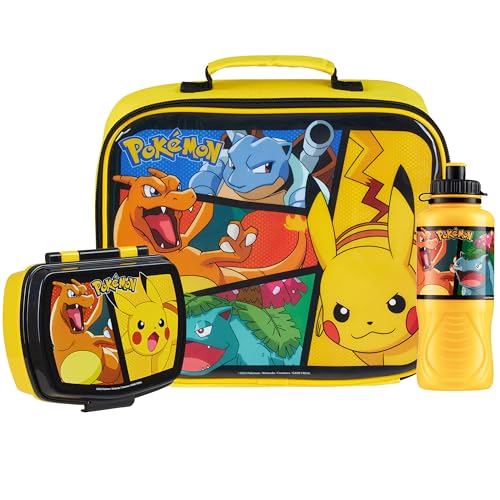 Pokemon Insulated Lunch Bag with Lunch Box Water Bottle Set for Kids 3 Piece School Snack Bag Pikachu Gifts for Kids (Yellow)