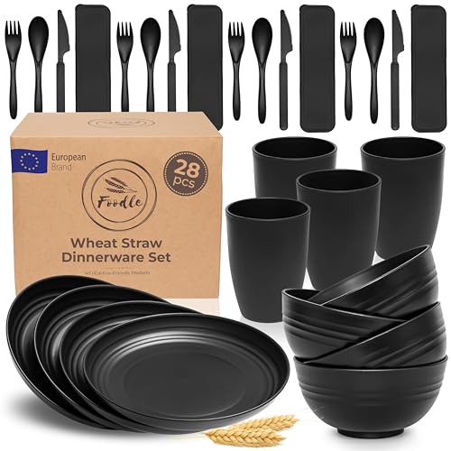 FOODLE Wheat Straw Dinnerware Set - BPA Free & Safety Tested - Microwave & Dishwasher Safe - Alternative to Plastic Dishes - Perfect for Outdoor, RV, Dorm - Camping Plates Cups and Bowls Set - For 4