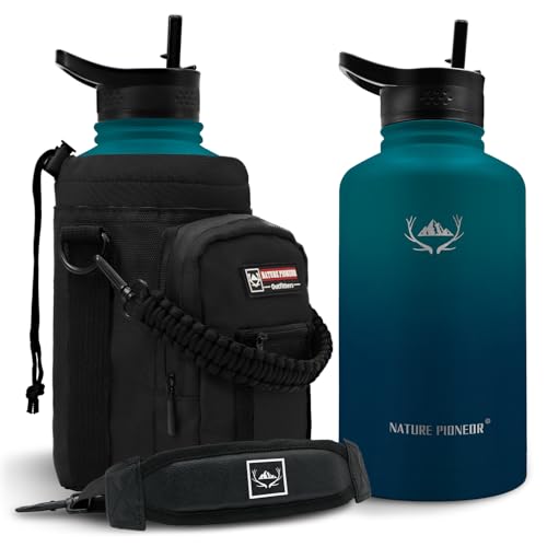 NATURE PIONEOR Insulated Water Bottles with Strap - 64 oz Stainless Steel Vacuum Wide Mouth Bottle with Holder/Carrier/Sleeve - Reusable 18/8 Food Grade Thermos Water Jug