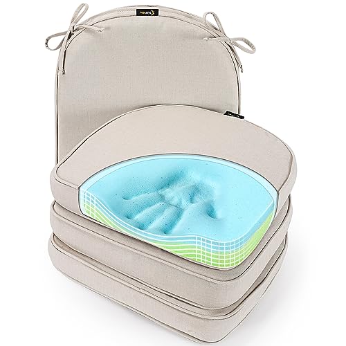 SUNROX Gel Memory Foam Chair Cushions, FadeShield Water-, Stain-Resistant Durable Reversible Seat Cushion Pads with Ties for Indoor/Outdoor Kitchen Dining Office, 17"x16", Set of 4, Cream