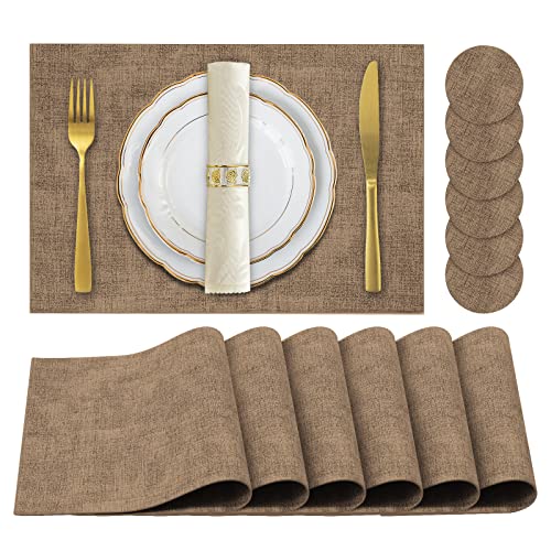 Faux Leather Placemats Set of 6,Heat Resistant Placemats for Dining Table, Easy Clean Non-Slip Place Mats, Waterproof Stain Resistant Wipeable Washable PU Table Mats, (Coffee)