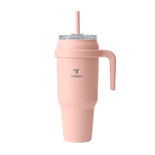REDUCE 50 oz Stainless Steel Tumbler with Handle - Dual-Wall Vacuum Insulated Travel Mug, Sweat-Proof Lid & Reusable Straw - Keeps Drinks Cold for 24 Hrs, Fits Cupholders, Dishwasher Safe - Pink Clay
