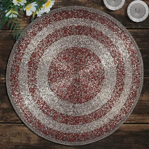 Decozen Beaded Round Placemats Set of 12, 14Inch Red Handcrafted Glass Bead Place Mats for Dining Table Decor, HeatResistant Rustic Farmhouse Table Decor, Christmas Placemats, Charger Pads