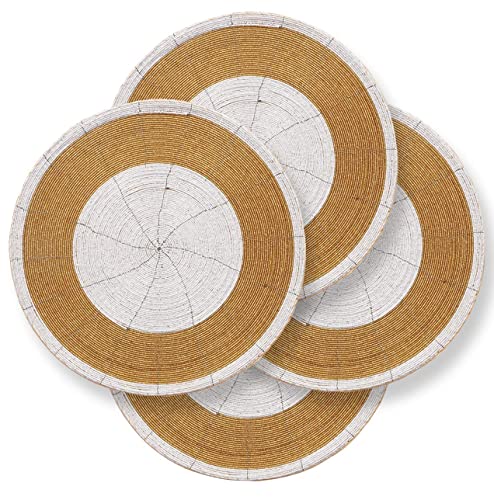 Decozen Round Beaded Gold Placemats Set of 8-14Inch Glass Bead Charger Plates for Dining and Kitchen Table Decor, HeatResistant Elegant Place Mats, Christmas Placemats