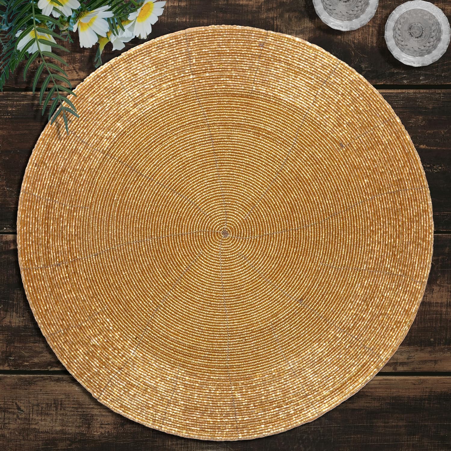Decozen Round Beaded Gold Placemats Set of 16-14Inch Glass Bead Charger Plates for Dining and Kitchen Table Decor, HeatResistant Elegant Place Mats, Christmas Placemats