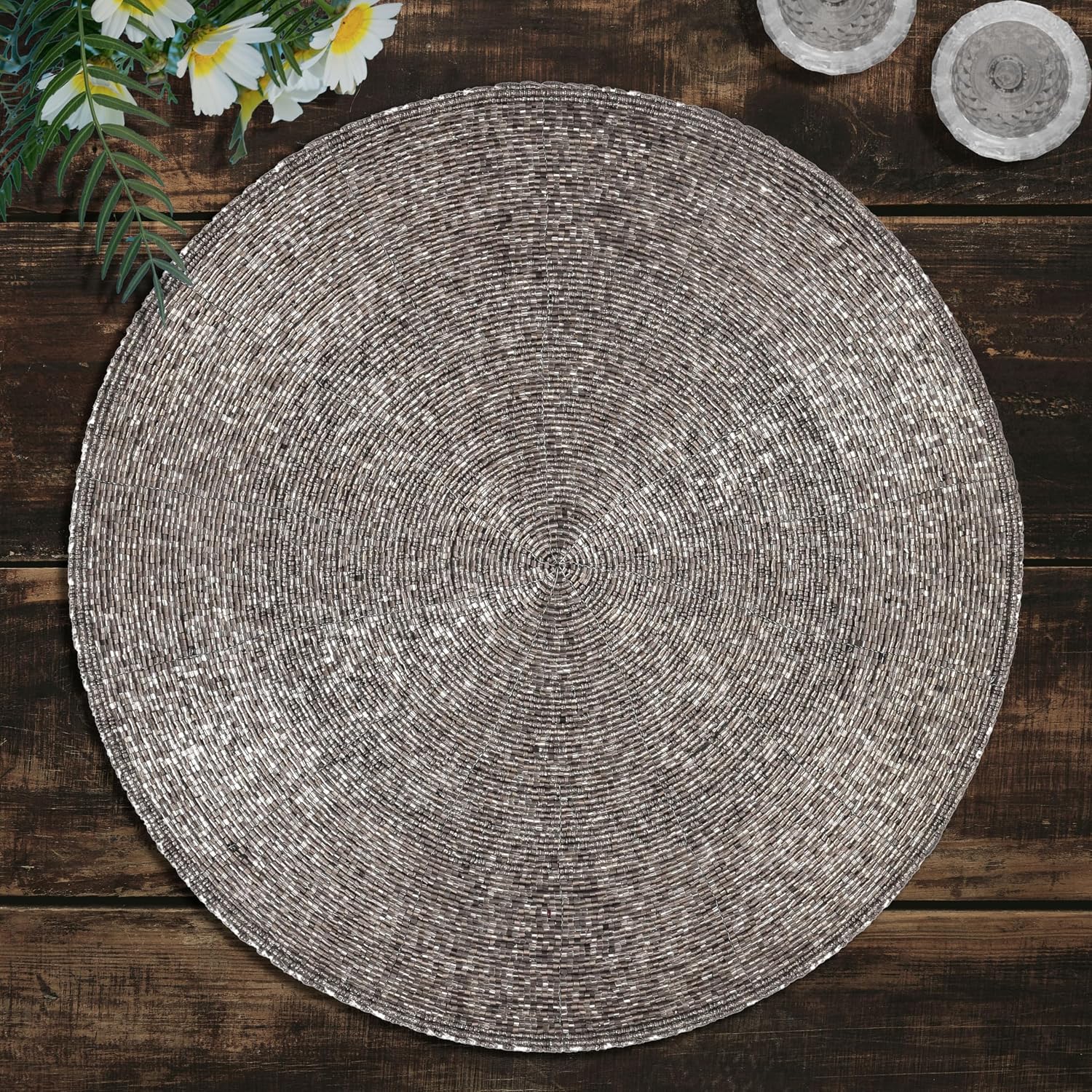 Decozen Round Placemats Set of 8-14 Inch Heat Resistant Farmhouse Rustic Beaded Placemats, Round Dining Table Placemats, Decorations for Home, Wedding, Smoke Silver, Christmas Decor