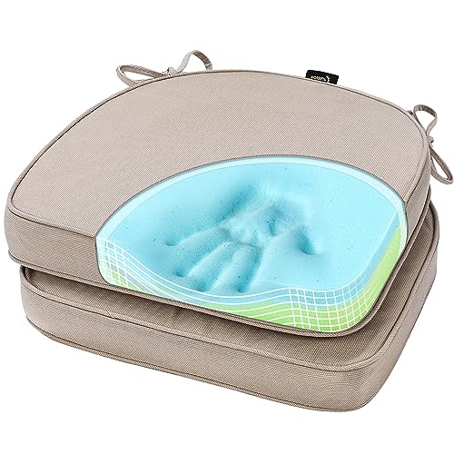 SUNROX Gel Memory Foam Chair Cushions, FadeShield Water-, Stain-Resistant Durable Reversible Seat Cushion Pads with Ties for Indoor/Outdoor Kitchen Dining Office, 19"x19", Set of 2, Husk Birch
