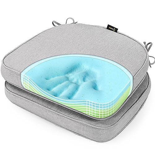SUNROX Gel Memory Foam Chair Cushions, FadeShield Water-, Stain-Resistant Durable Reversible Seat Cushion Pads with Ties for Indoor/Outdoor Kitchen Dining Office, 19"x19", Set of 2, Heather Grey