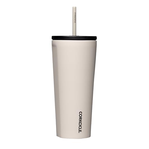 Corkcicle Cold Cup Insulated Tumbler with Straw - Keeps Drinks Cold for 12 Hours - Triple-Insulated Stainless Steel - Leak-Resistant Lid - Summer Drinkware Gift - 24 oz - Latte