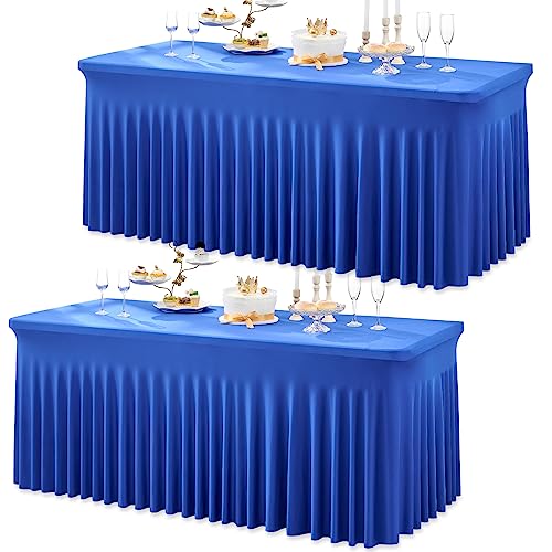 2 Pack Royal Blue Spandex Table Clothes for 6 Foot Rectangle Tables, Wrinkle Free Fitted Table Cover 6ft Stretchy Tablecloths with Skirt for Parties Weddings Birthday Banquet Baby Shower