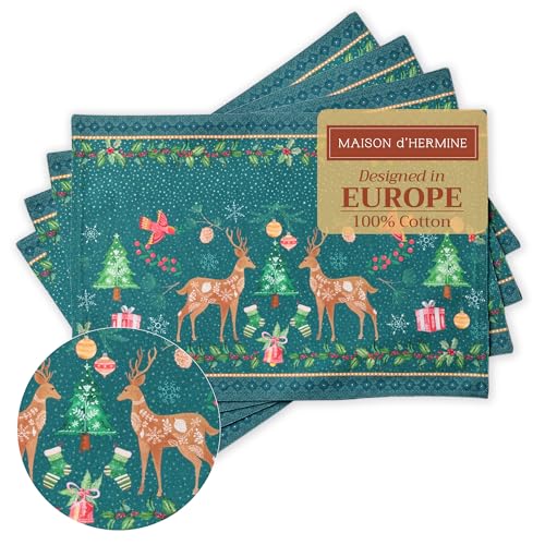 Maison d' Hermine Placemats Set of 4 100% Cotton Washable Cloth Place Mats, Reusable Table Mats for Kitchen Dining Decoration, Party, Wedding, Restaurant (Hygge Christmas, 13" x 19")