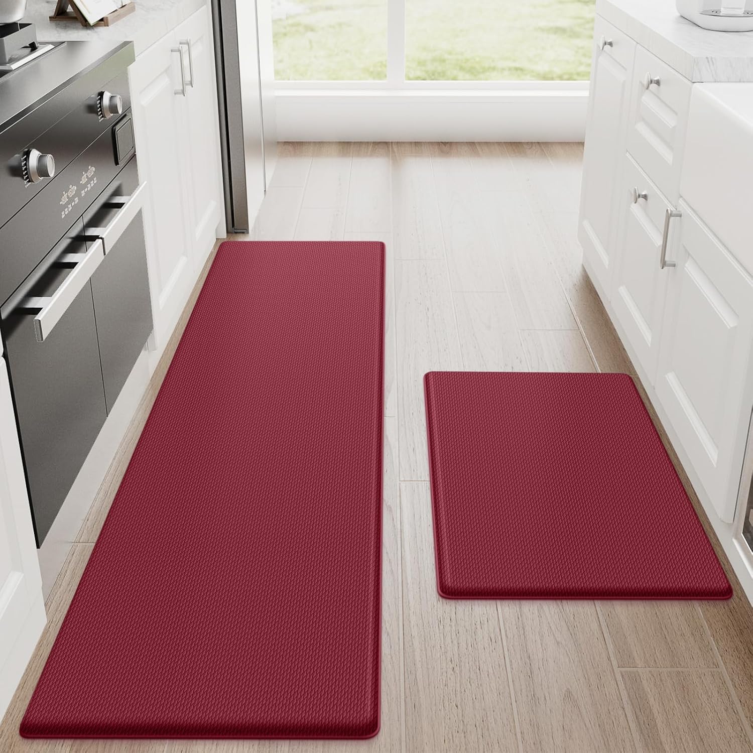 StepRite Kitchen Mats, 2PCS Kitchen Rugs, Cushioned Anti Fatigue Kitchen Mats for Floor, Non-Slip Standing Desk Mat, Waterproof Kitchen Rug Set for Kitchen, Floor, Office, 17.3"x30"+17.3"x59", Red