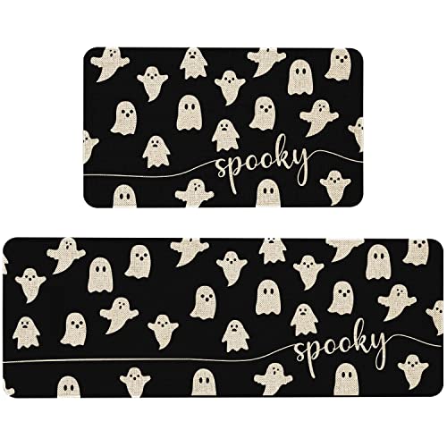 Mloabuc Happy Haloween Kitchen Mat Set of 2, Black Spooky Decorative Funny Text Kitchen Rug, Holiday Anti Fatigue Waterproof Stain Resistant Floor Rug Non Slip Cushioned Floor Mat 17x29 and 17x47 in