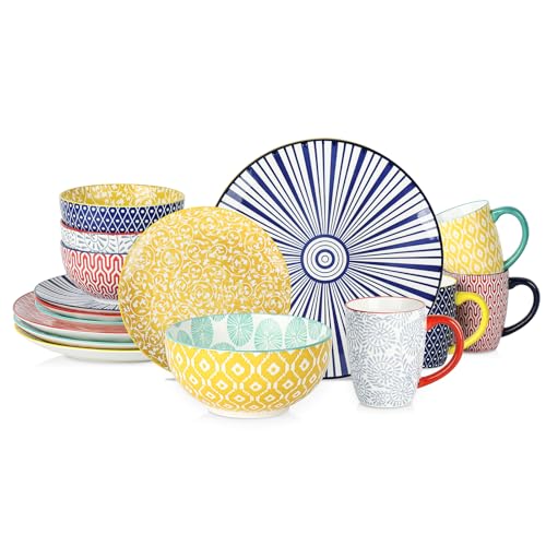 Selamica Ceramic Dinnerware Sets for 4, 16 Pieces Plates and Bowls Sets, Dishes set for 4-Chip and Scratch Resistant, Dishwasher&Microwave Safe, Assorted Colors