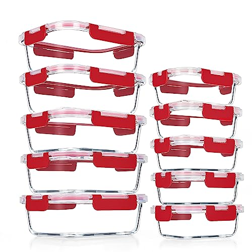 VERONES 10Pack Glass Meal Prep Containers (Red)