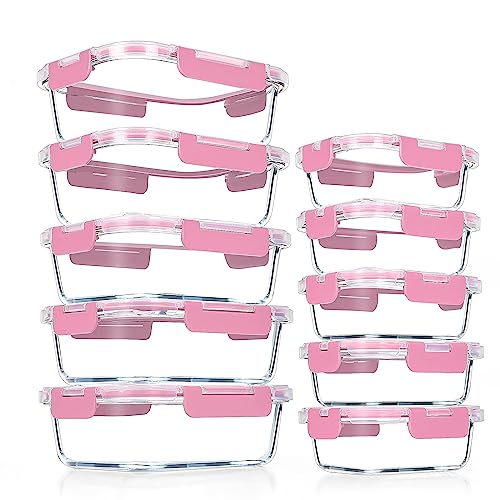 VERONES 10Pack Glass Meal Prep Containers, Airtight Glass Lunch Containers,Stackable Glass Food Storage Containers Set with Lids,Exclusive of BPA, for Microwave,Oven, Freezer&Dishwasher Friendly,Pink