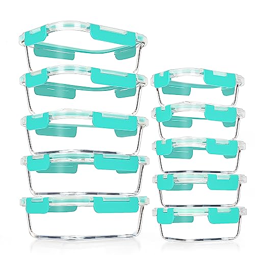 VERONES 10 Pack Glass Meal Prep Containers, Airtight Glass Lunch Containers,Stackable Glass Food Storage Containers Set with Lids,Exclusive of BPA, for Microwave,Oven, Freezer&Dishwasher Friendly,Green
