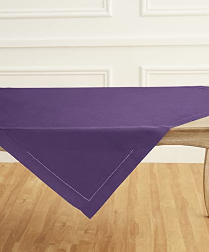 Solino Home Square Linen Tablecloth 52 x 52 Inch - 100% Pure Linen Purple Table Throw - Classic Hemstitch, Machine Washable Table Cloth for Fall, Autumn, Halloween, Thanksgiving
