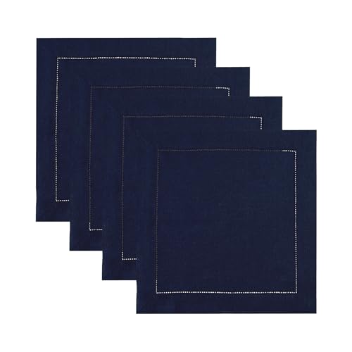 Solino Home Square Placemats Set of 4-100% Pure Linen Navy Blue Cloth Placemats 14 x 14 Inch - Classic Hemstitch, Machine Washable Place Mats for Fall, Autumn, Thanksgiving