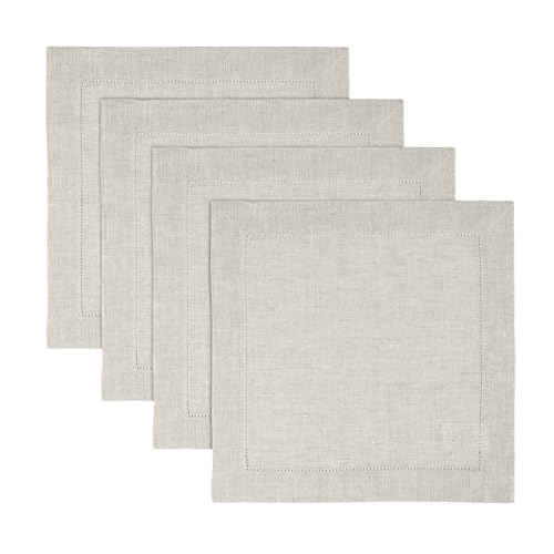 Solino Home Linen Square Placemats Set of 4-100% Pure Linen Light Natural Cloth Placemats 14 x 14 Inch - Classic Hemstitch, Machine Washable Place Mats for Fall, Autumn, Thanksgiving