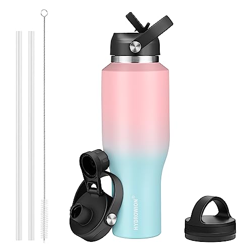 HYDROWION Vacuum Insulated Water Bottle, 40 oz Water Bottle fits in Car Cup Holder (Cold 48 hrs, Hot 24 hrs),Insulated Drinking Bottle with Straw Lid, Spout Lid and Flex Cap, Leakproof Travel Thermos