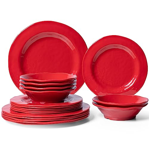 LEHAHA Red Melamine Dinnerware Sets, 18-Piece Melamine Dishes Set, Lightweight and Chip Resistant, Durable Plates and Bowls Set, Safe for Daily Use, Dishwasher Safe, Service for 6