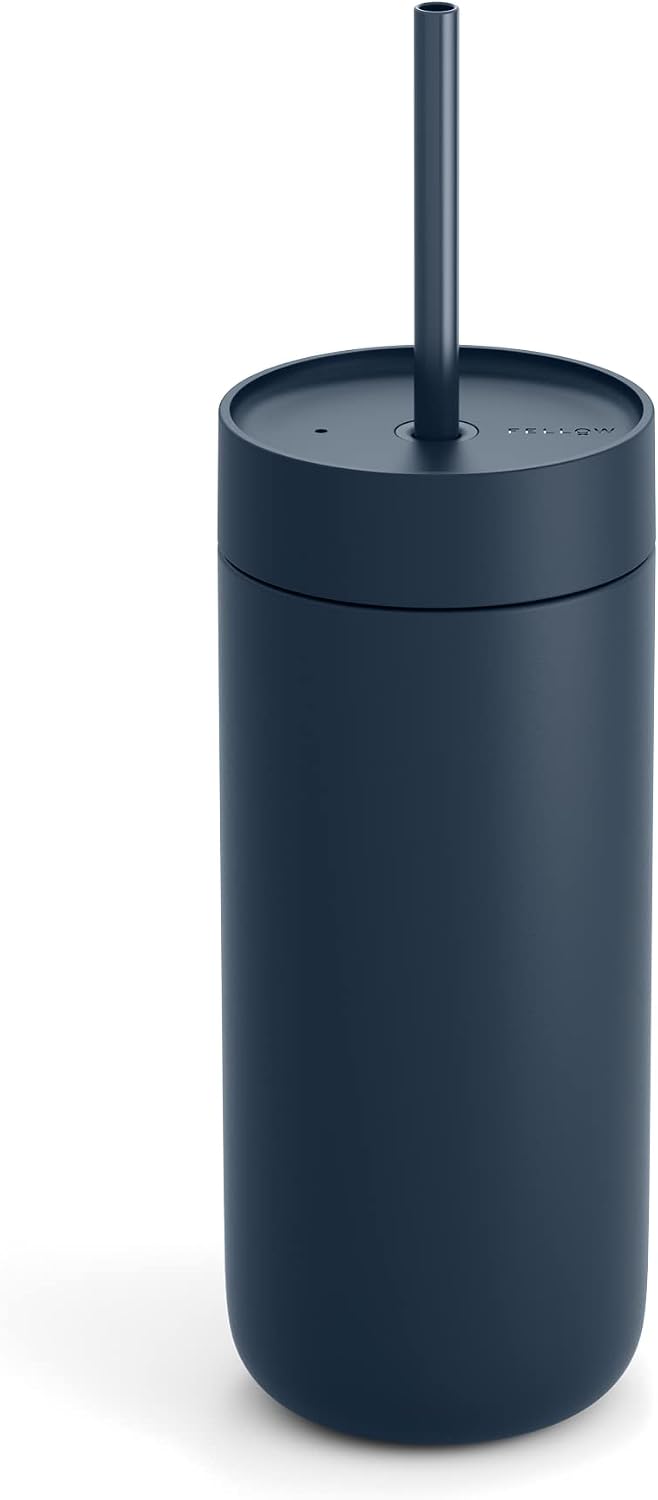 Fellow 16 oz Carter Cold Travel Mug for Water, Iced Tea, Coffee, Smoothies, Iced Coffee & more - Stainless Steel Vacuum-Insulated Iced Coffee tumbler with Spill Resistant lid and straw - Stone Blue