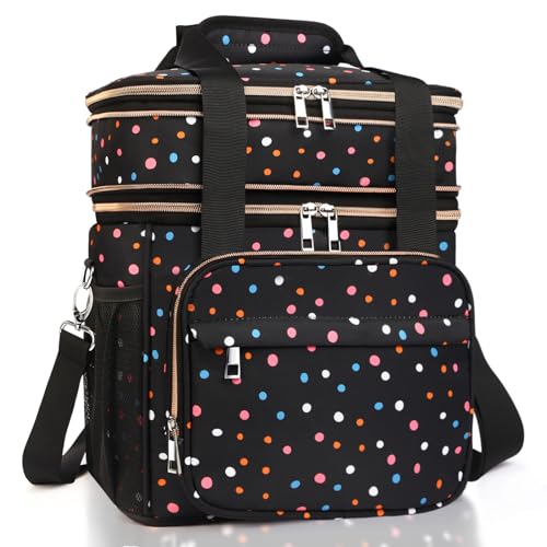 GLENKEY Expandable Lightweight Insulated Lunch Box for Women, Double Deck Large Lunch Bag Leakproof Soft Cooler Bags for Adults Work Office Flight Beach Travel, Polka Dots, 16L