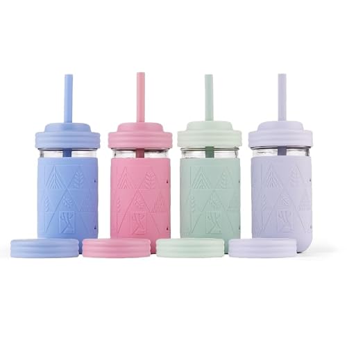 Elk and Friends Kids + Toddler Glass Cups | The Original 12oz Glass Mason Jar with Sleeves + Lids | Silicone Straws + Stopper | Smoothie Cup | Food Storage | Spill Resistant | Dishwasher Safe | 4 Pack