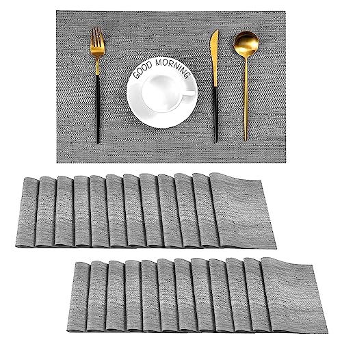Leetaltree Grey Placemats, Heat Resistant Non-Slip Place mats for Dining Table, Washable Durable PVC Vinyl Woven Table Mats (Set of 24)