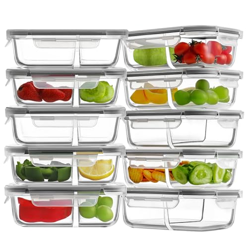 HOMBERKING 10 Pack 24oz Glass Meal Prep Containers 2 Compartment, Glass Food Storage Containers with Lids, Airtight Lunch Bento Boxes, BPA-Free & Leak Proof (10 lids & 10 Container) - Grey