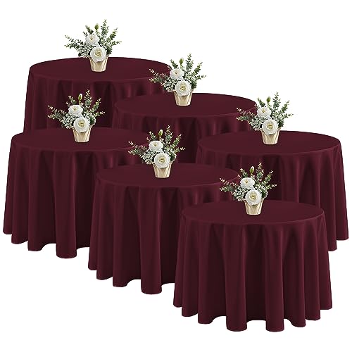 Fitable 6 Pack Burgundy Tablecloths for Round Tables - 108 Inches in Diameter - Stain Resistant and Washable Table Clothes, Polyester Fabric Table Covers for Wedding, Party, Banquet, Formal Events