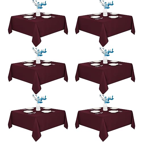 Fitable 6 Pack Square Tablecloths - 70 x 70 Inches - Stain Resistant and Reusable Table Clothes, Burgundy Polyester Fabric Table Covers for Dining, Card Tables, Coffee Tables