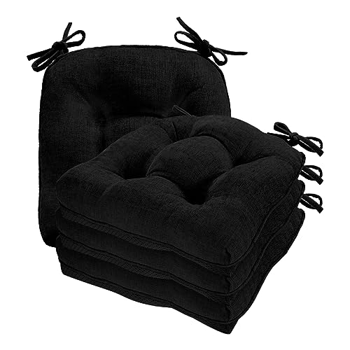 Cozyide Chair Cushions for Dining Chairs, 17" x 17" Non-Slip Kitchen Chair Pads with Adjustable Ties, Indoor Chair Cushions for Dining Room, Black (Pack of 4)