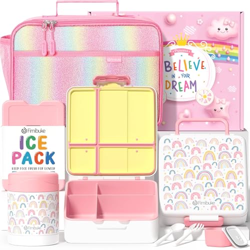 Fimibuke Kids Bento Snack Lunch Box with 4 Compartment, Insulated lunch Bag, Stainless Steel Vacuum Thermos Food Jar, Ice Pack, Utensils Set, Birthday Gift for Age 3-12 Back to School Toddler Girl Boy